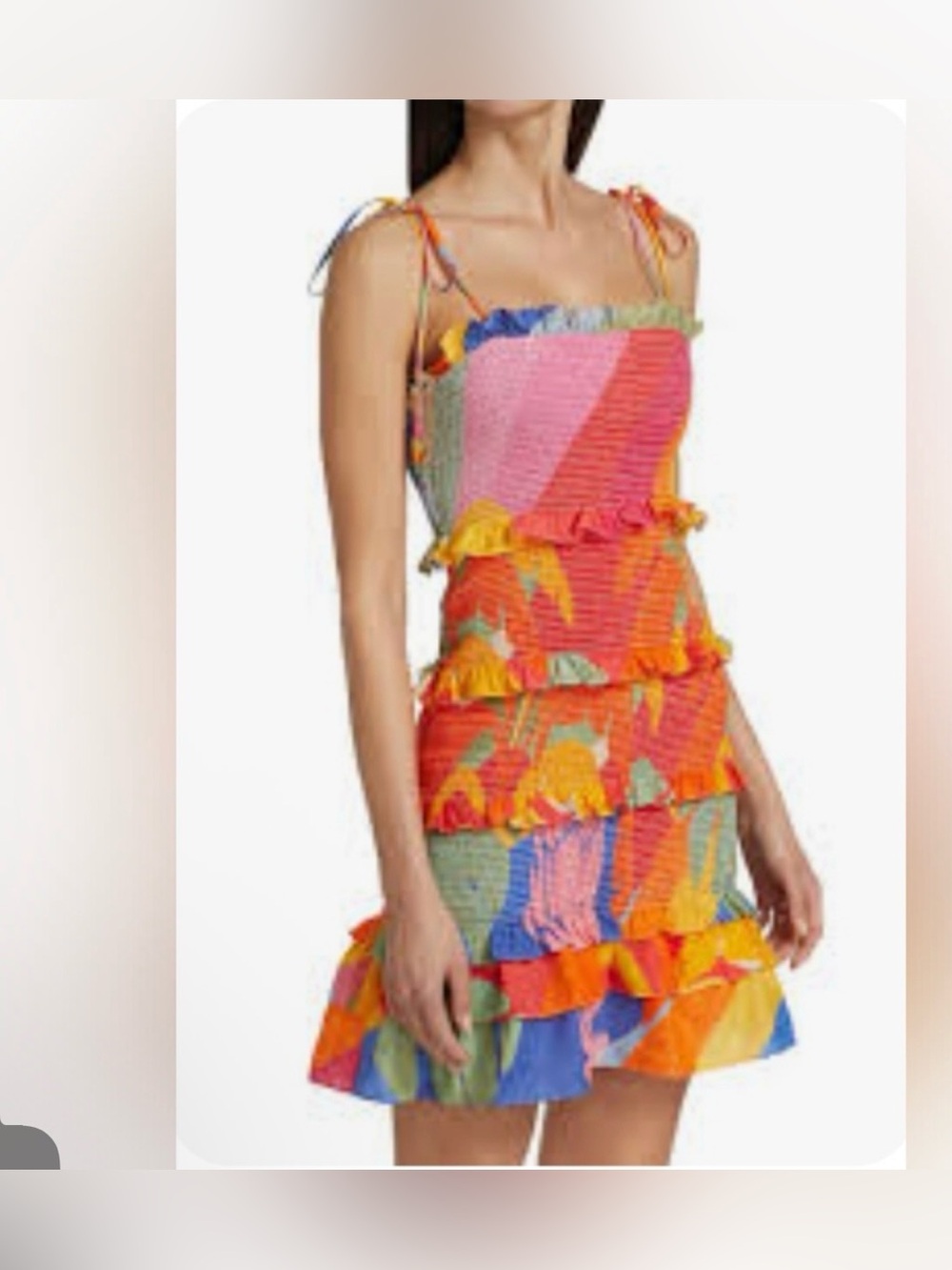 Farm Rio Vibrant Multicolor Floral  Tropical Sunset Smocked Tiered Dress  Large